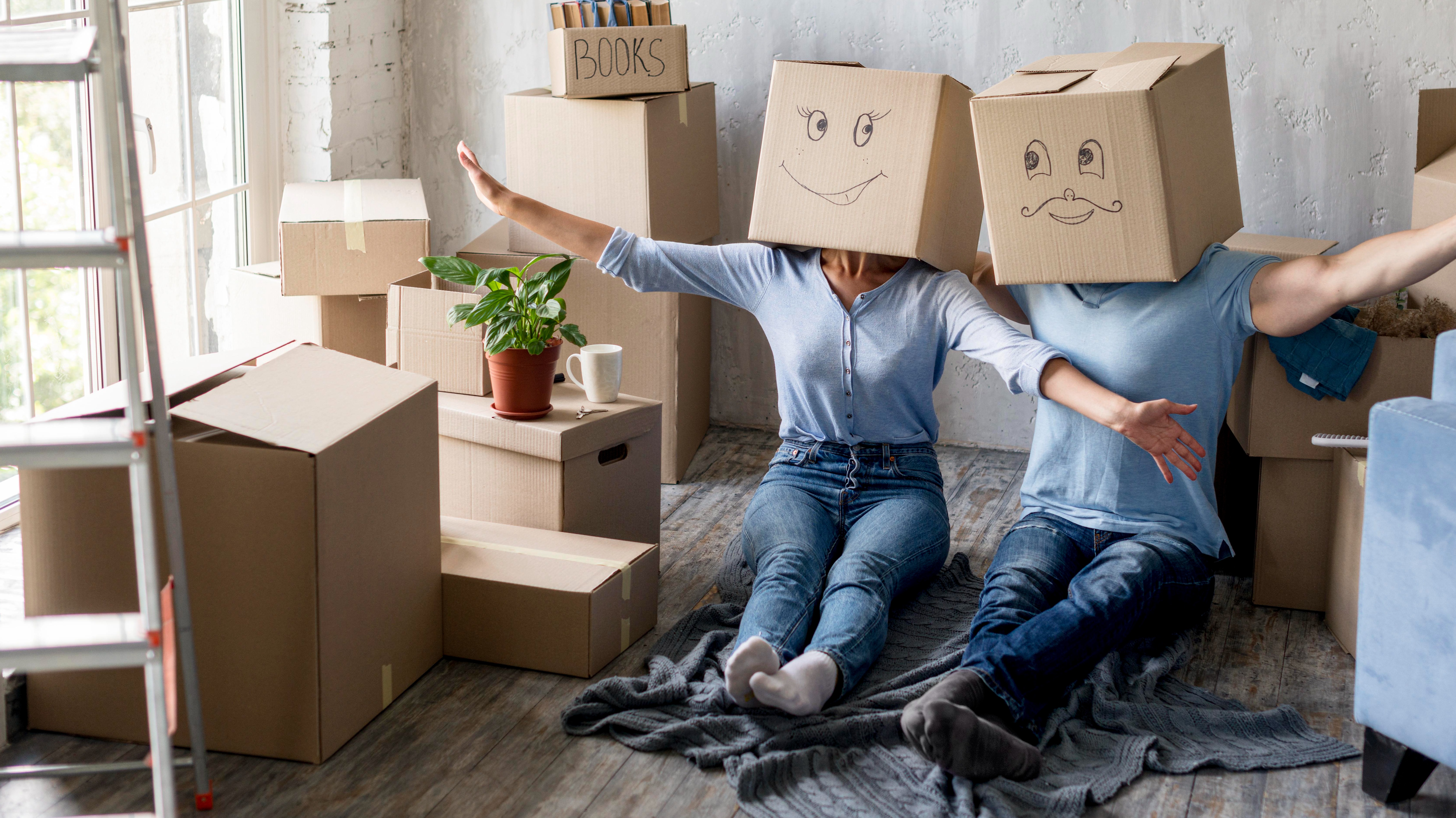 Cardboard moving boxes stacked in a bright, modern living room of a new house.